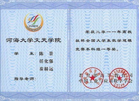 河海大学文天学院土木工程系土木工程专业陈景同学参加全国大学生数学建模竞赛颁奖仪式