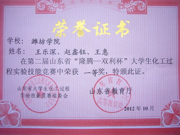 潍坊学院在省第二届“隆腾-双利”杯化工技能大赛中喜获一等奖