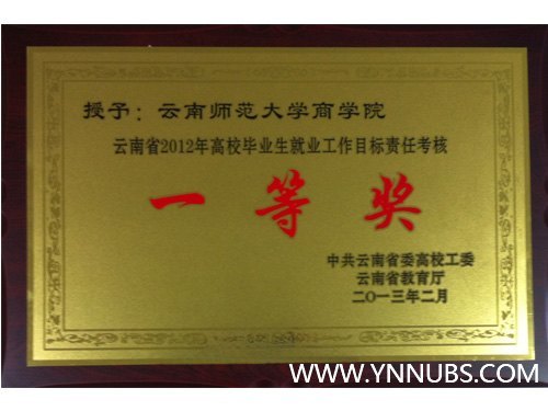 云南师范大学商学院荣获2012年全省高校毕业生就业工作目标责任考核一等奖