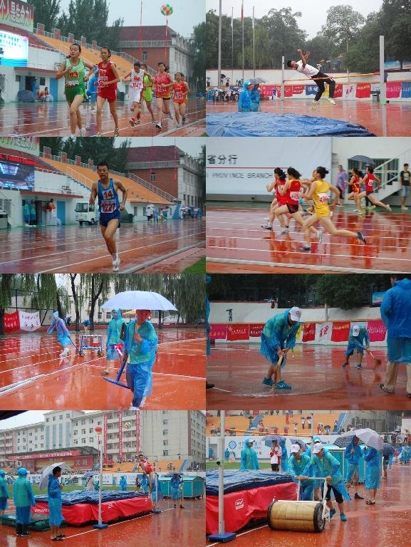 大运会第三日比赛在雨中进行